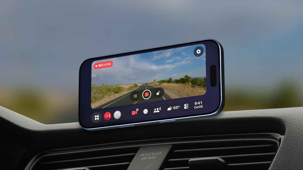 An iPhone on its mount on the dashboard, recording the road ahead with the Dash Cam CarApp