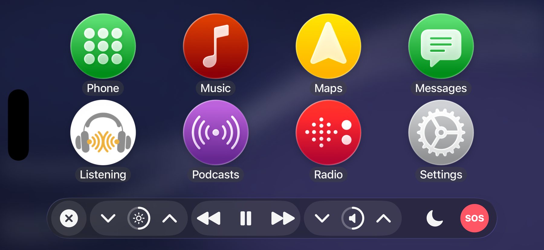 The SmartBar's second page: brightness and volume with their arrows, previous, pause and next, night mode and the SOS button