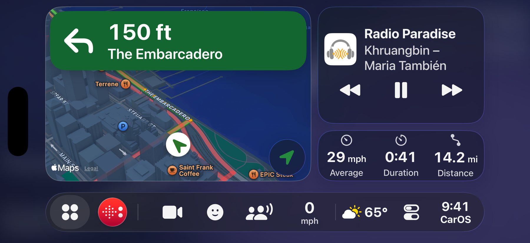 The Dashboard: a map with the next turn in 150 ft onto The Embarcadero, Radio Paradise playing, and the trip's average speed, duration and distance