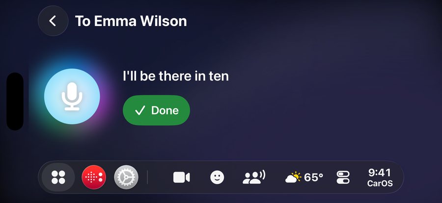 Dictating a message to Emma Wilson: the words appear as they are spoken, with a Done button