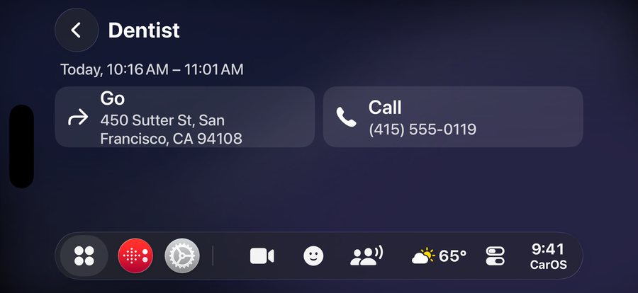 A calendar event, Dentist, with its address and a button to drive there