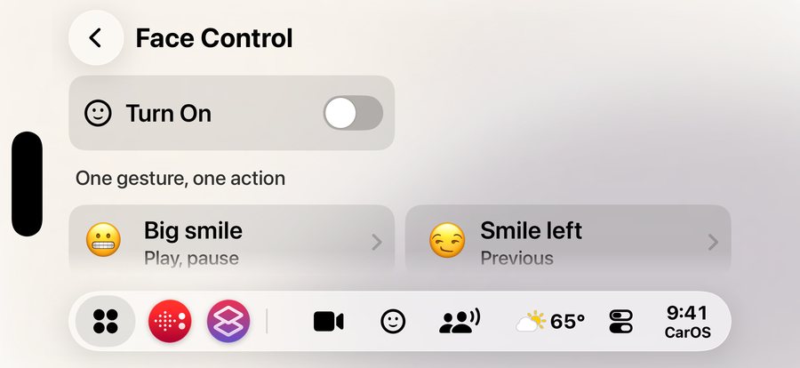 Face Control settings: the gestures CarOS recognises and the actions they trigger