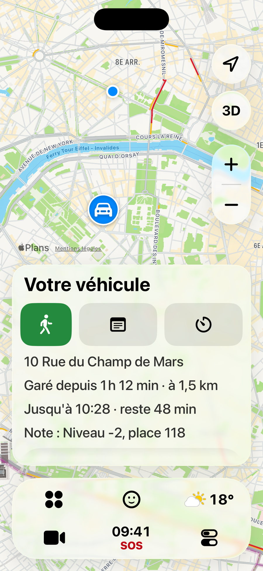 La CarApp Stationnement de CarOS : la place de la voiture sur une carte