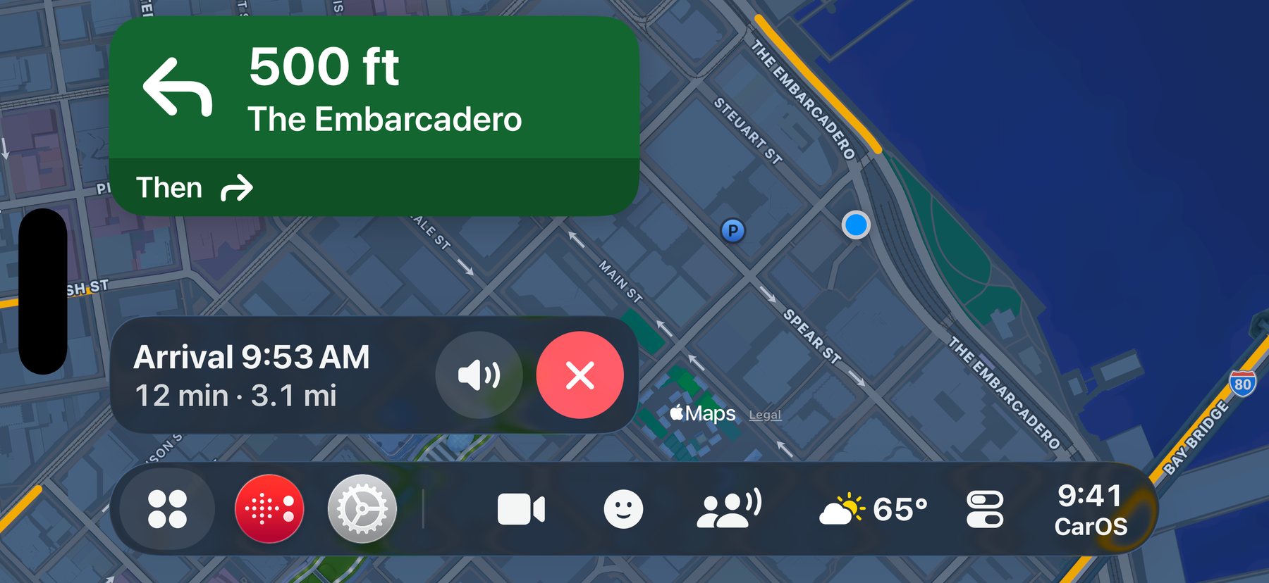 Turn-by-turn navigation: turn left in 500 ft onto The Embarcadero, then right; arrival at 9:53 AM, 12 minutes and 3.1 miles to go