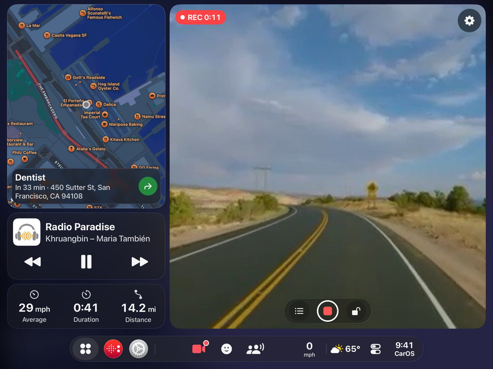 CarOS on iPad Air: the Dash Cam recording the road, next to the dashboard