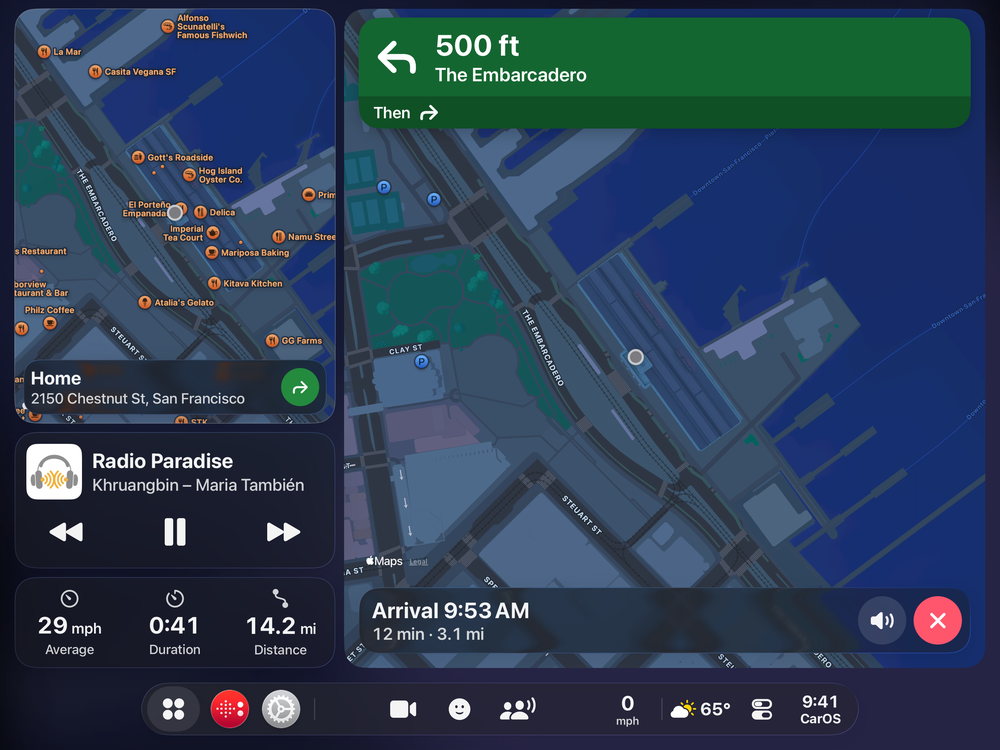 CarOS on iPad Air: turn left in 500 ft onto The Embarcadero, arrival at 9:53 AM, next to the dashboard