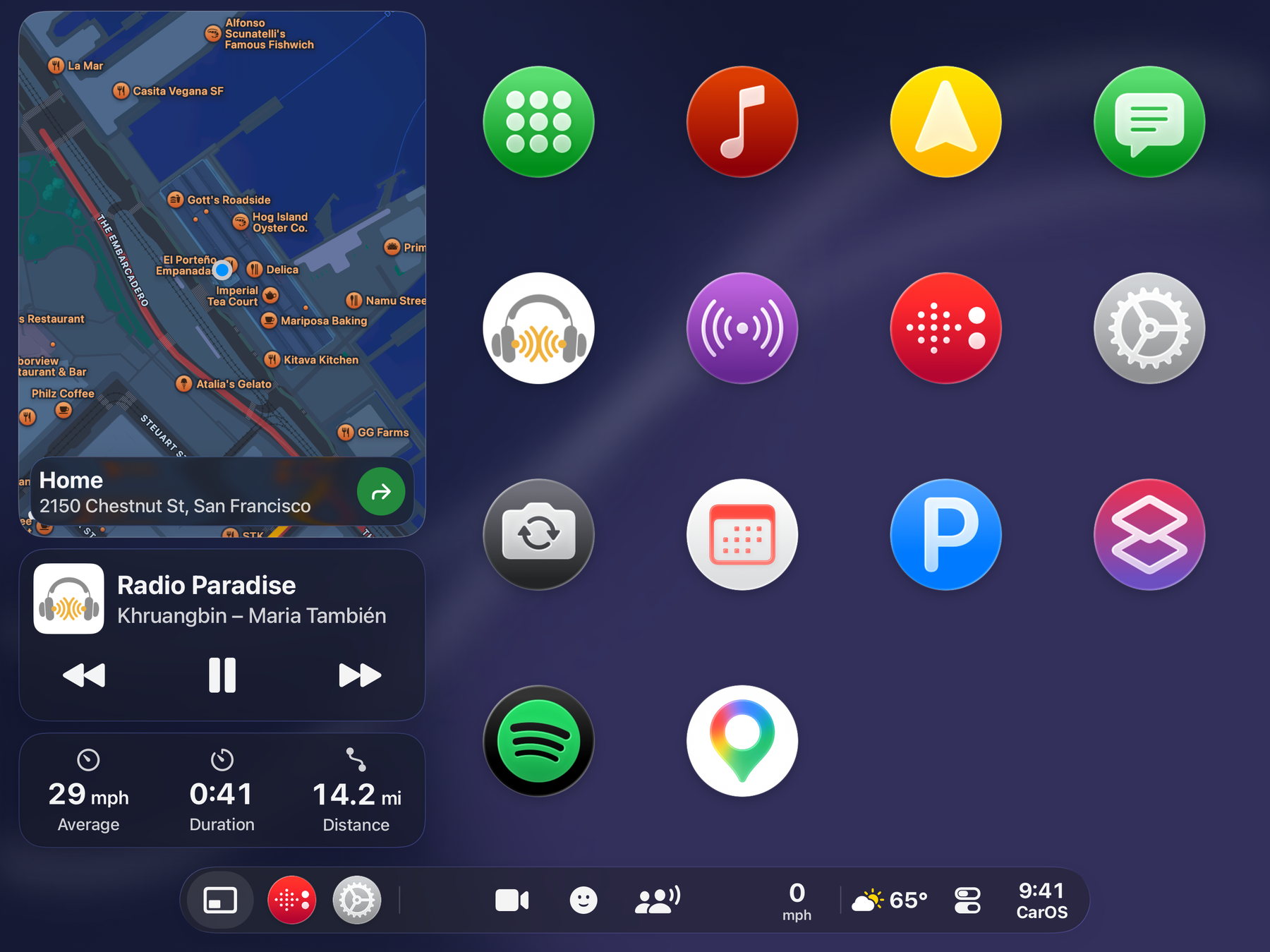 CarOS on iPad Air: the dashboard with map, now playing and trip figures on the left third, the home screen with fourteen CarApps on the right, and the SmartBar along the bottom