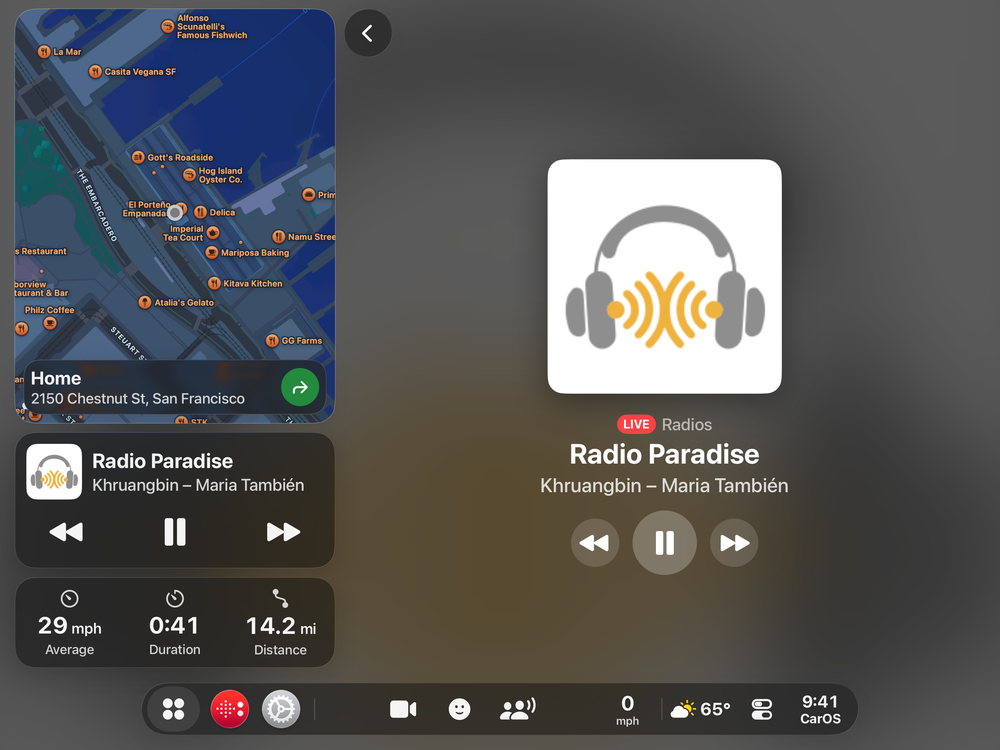 CarOS on iPad Air: Radio Paradise playing, with large previous, pause and next buttons