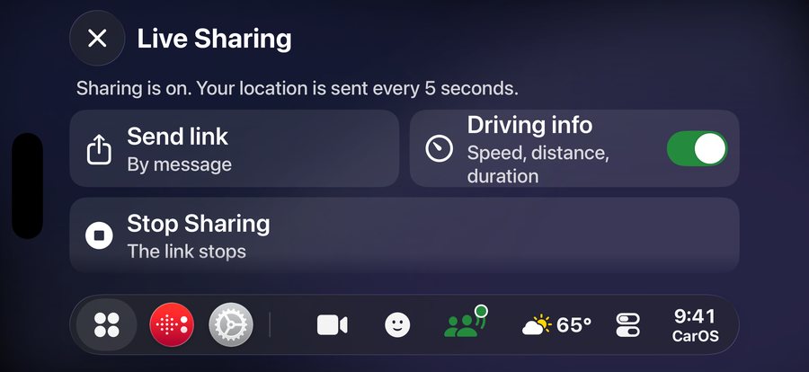 Live Sharing turned on: Send link by message, driving info shared, Stop sharing