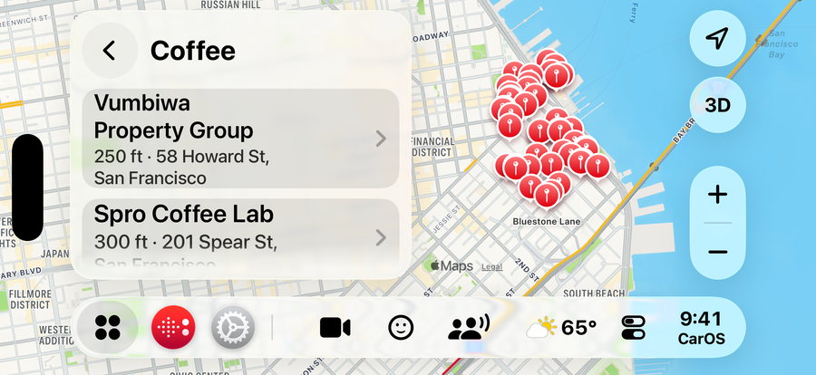 Coffee shops nearby, listed with their distance, and pinned on the map