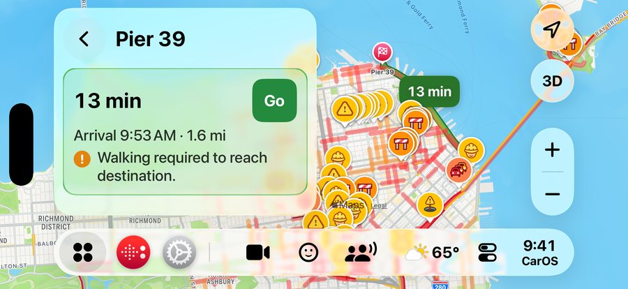 A route to Pier 39: 13 minutes, 1.6 miles, with a Go button