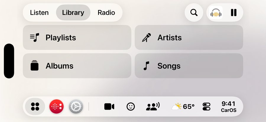 The Music CarApp: Library, Playlists and Recents tabs above Artists, Albums and Songs