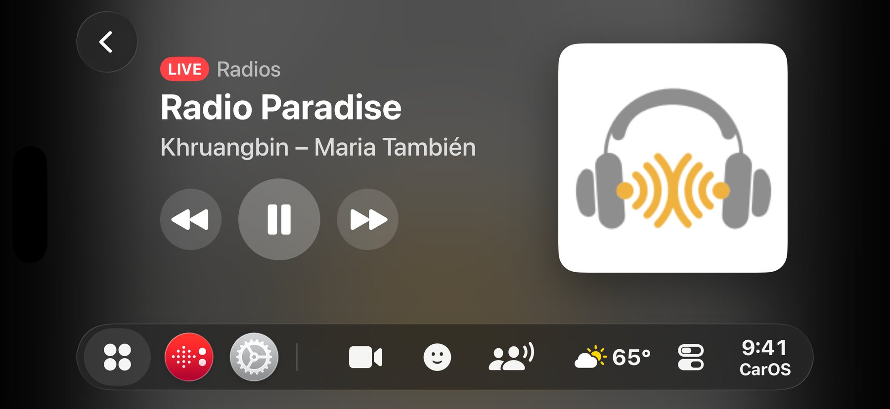 The Listening screen: Radio Paradise live, Khruangbin – Maria También, with large previous, pause and next buttons and the station logo