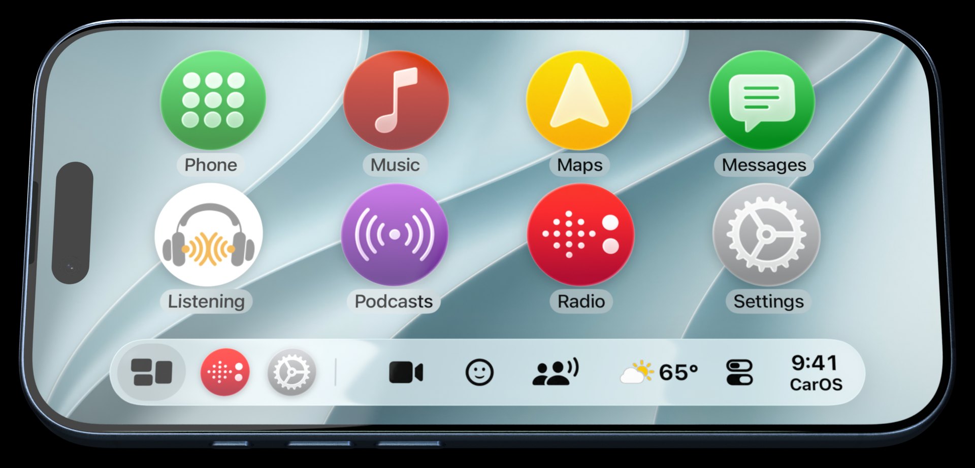 CarOS home screen in landscape: eight round icons, Phone, Music, Maps, Messages, Listening, Podcasts, Radio and Settings, above the SmartBar