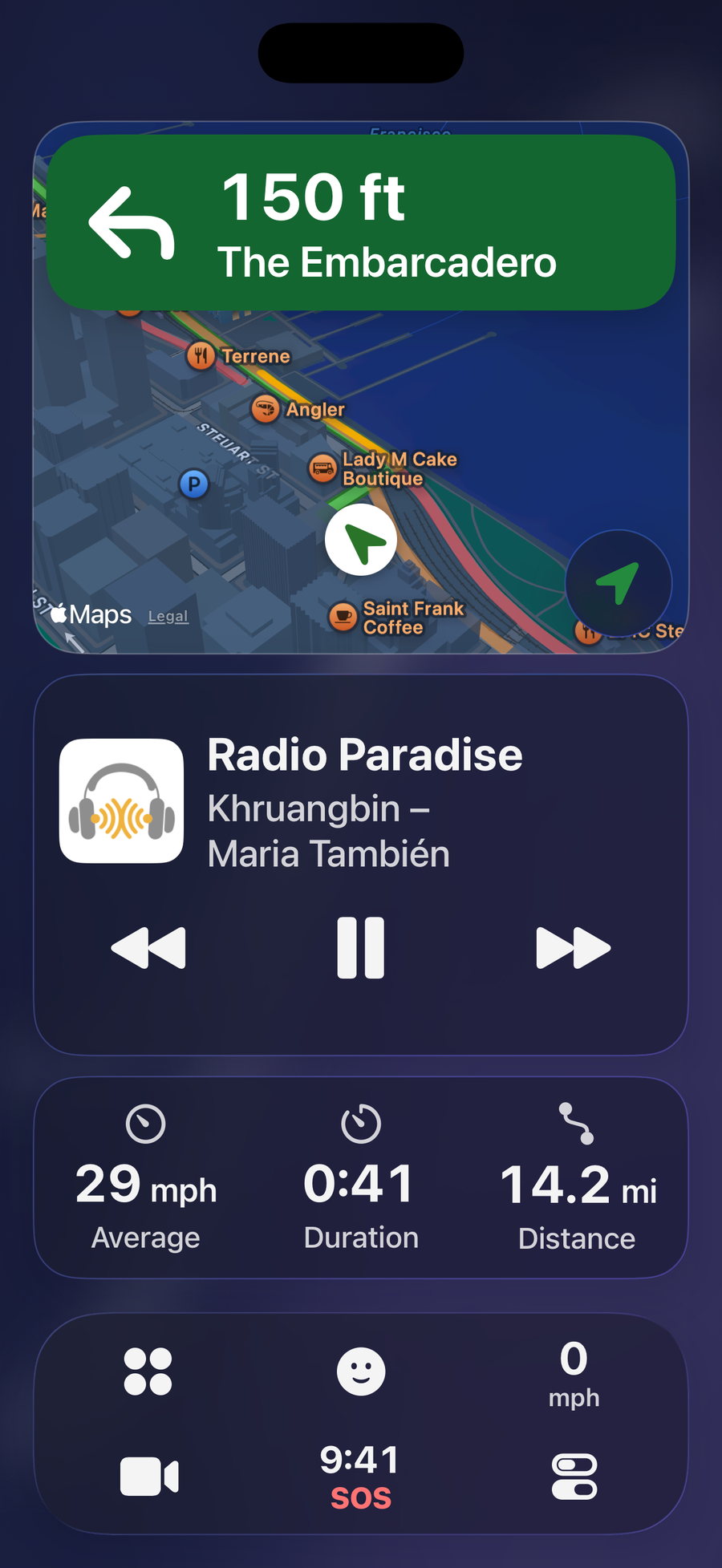 CarOS on iPhone in portrait: map, now playing, trip figures and the SmartBar stacked