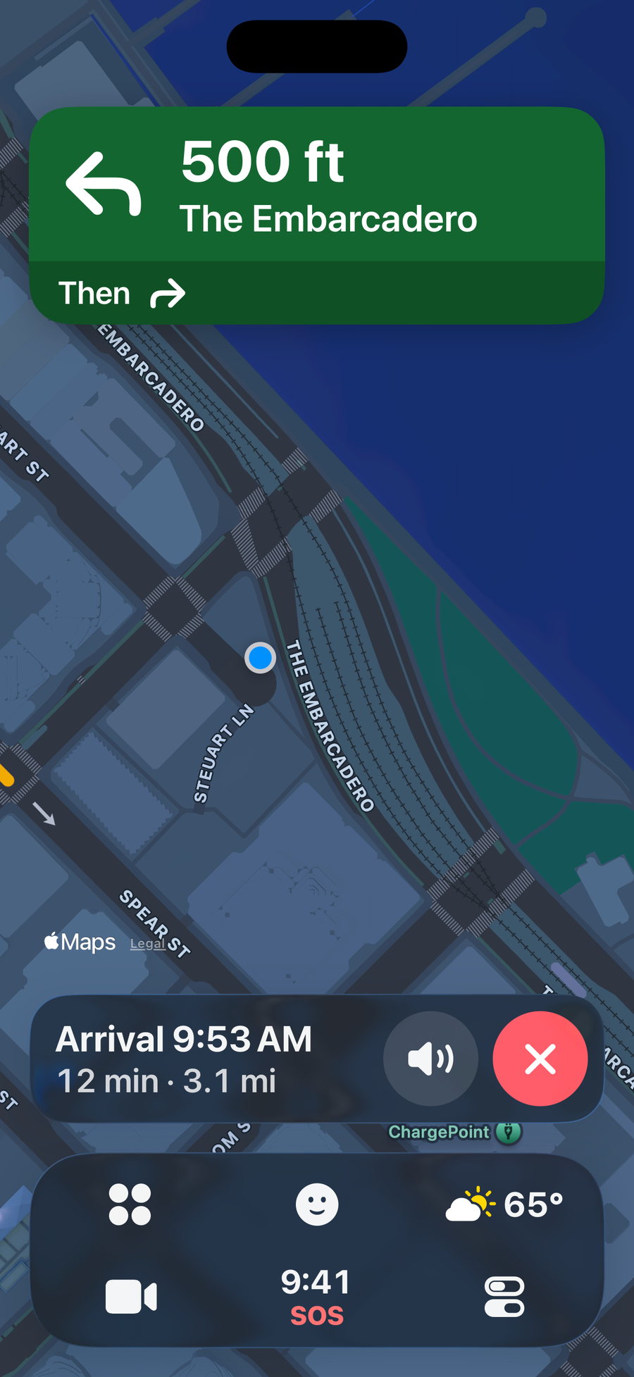 CarOS in portrait: turn left in 500 ft onto The Embarcadero, arrival at 9:53 AM