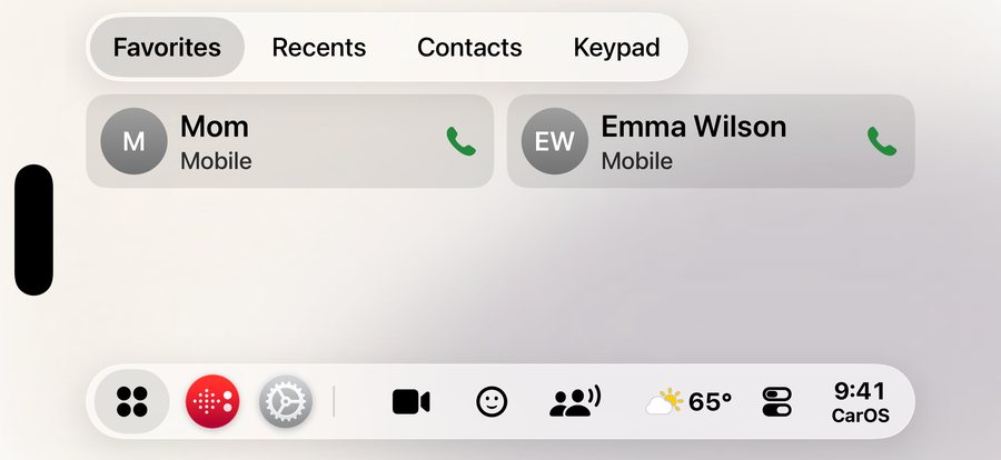 The Phone CarApp: Favourites tab with Mom and Emma Wilson, each with a big call button