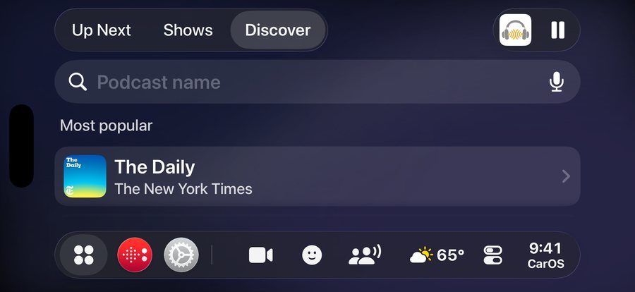 The Podcasts CarApp, Discover tab, with popular shows and their artwork