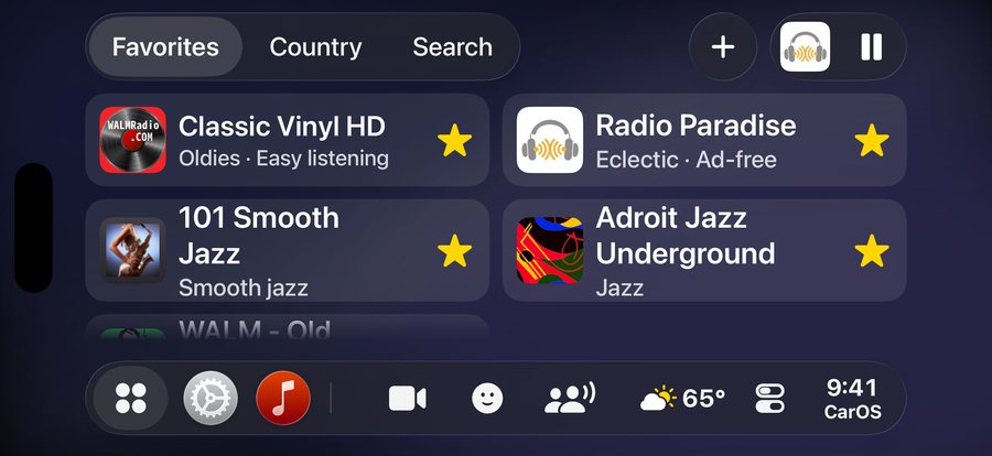 The Radio CarApp with favorite stations: Classic Vinyl HD, Radio Paradise, 101 Smooth Jazz and Adroit Jazz Underground, with their logos