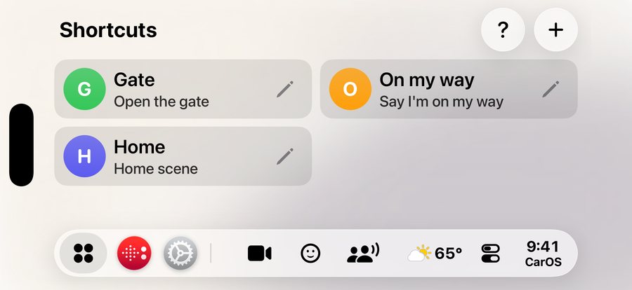 The Shortcuts CarApp with three shortcuts: Gate, On my way and Home