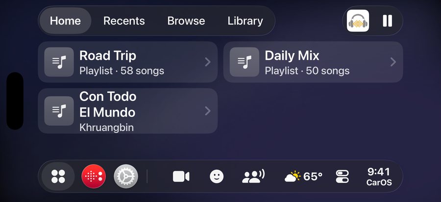 The Spotify CarApp: Home, Recents, Browse and Library tabs, with the Road Trip and Daily Mix playlists
